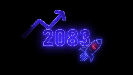 Blue neon 2083 year with upward arrow graph and rocket ship icon on black background new year