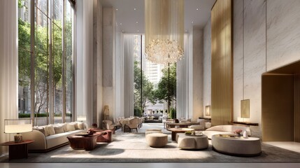 Fototapeta premium Luxury hotel lobby with high ceilings, modern furniture, and natural light, showcasing elegant design and greenery in urban hospitality setting.
