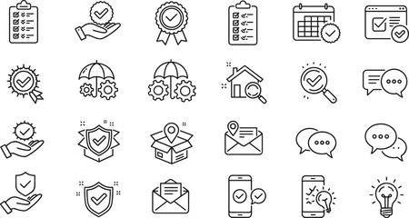 Business quality icons, checklist symbols, certification badges, secure shield, guarantee approval, compliance validation, communication chat, innovation idea, inspection process, verified