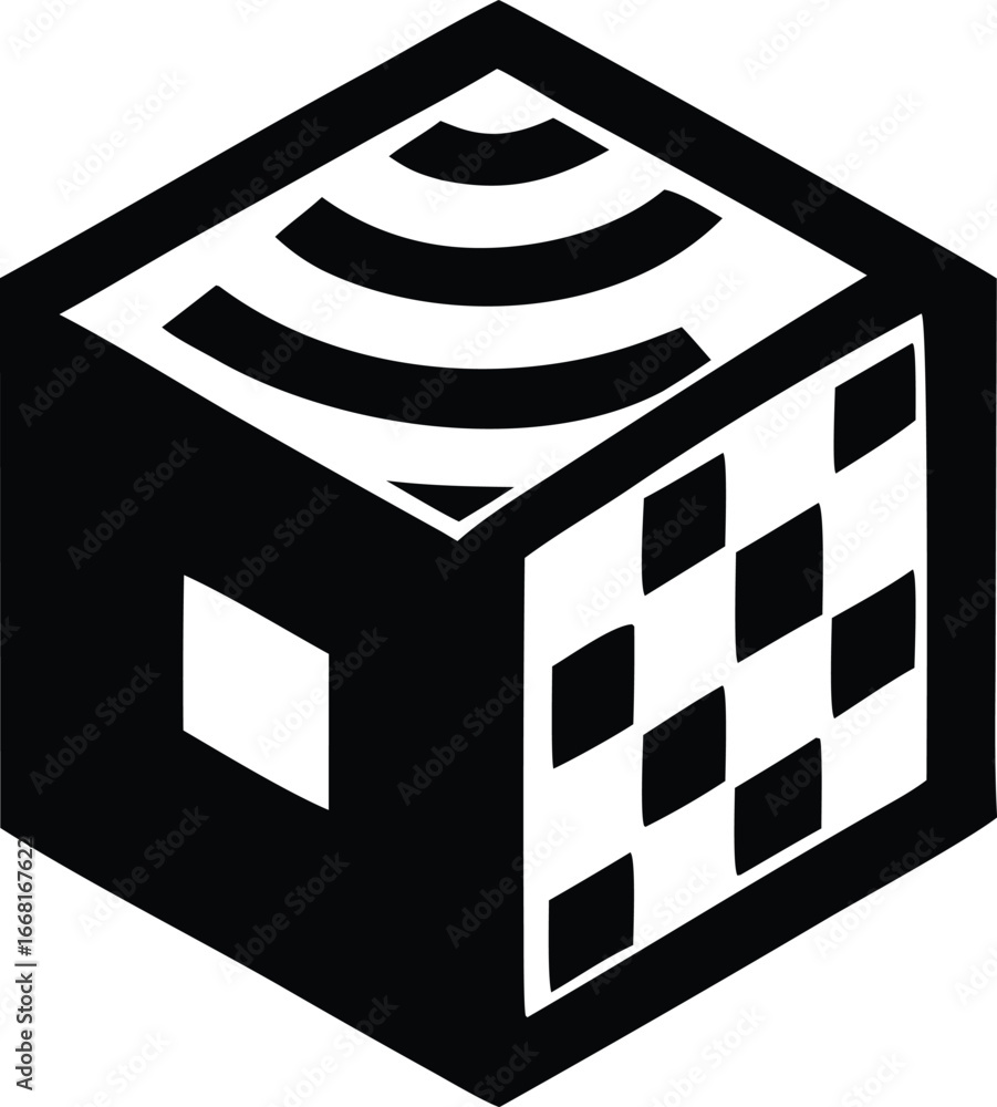 Poster abstract geometric cube with wi-fi signal and grid patterns symbolizing connectivity technology data
