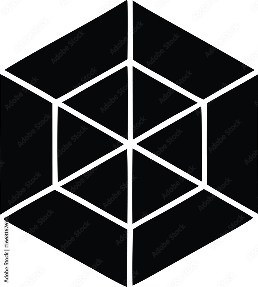 Poster geometric hexagonal abstract design featuring black panels and white line framework creating a cube 