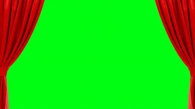 Red Curtains Opening on Green Screen - A pair of rich red velvet curtains dramatically open to reveal a bright green screen background.