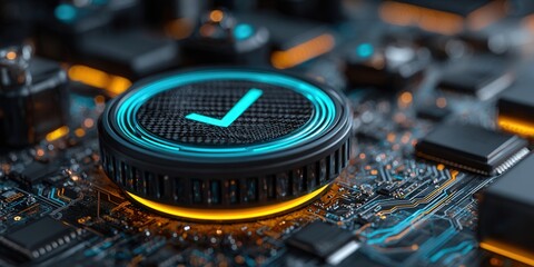 Glowing checkmark icon on a circuit board, symbolizing digital validation and technology