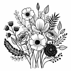 abstract floral background  Artistic poppy and foliage doodle bouquet vector set, illustrated in fine black and white line contour. Includes blooming poppies, leafy eucalyptus, and delicate wildflower