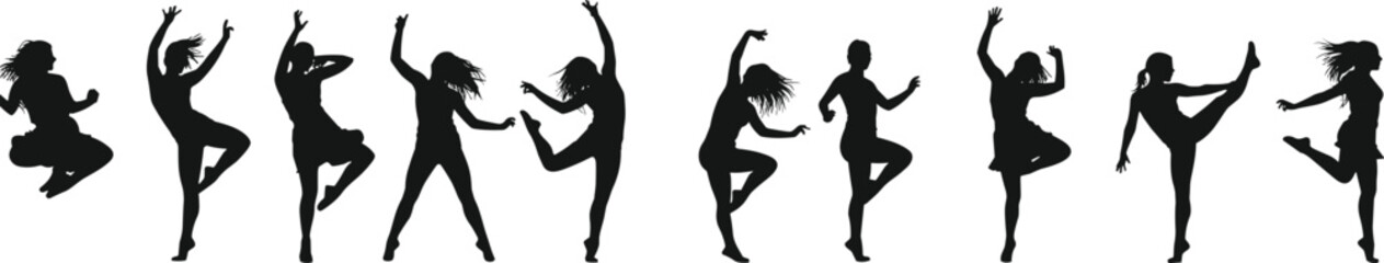 Dance silhouettes, female dancer, modern dance poses, ballet outline, contemporary movement, girl dancing shadow, performance vector, choreography silhouette illustration, fitness dance design
