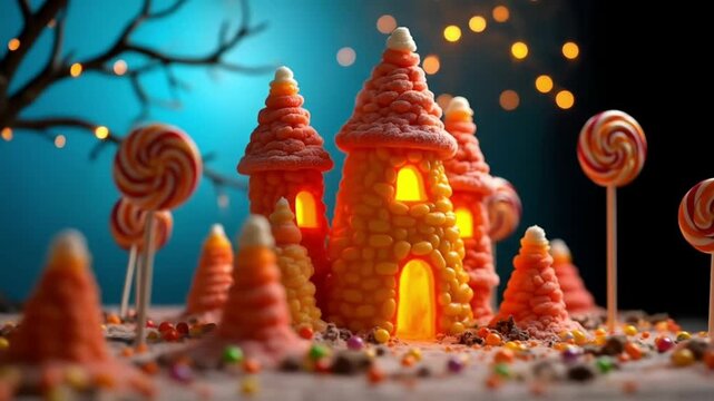 A magical castle built entirely out of candy corn, glowing windows, surrounded by lollipops and jellybean trees, whimsical and bright Halloween fantasy.