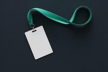 Blank White ID Card with Teal Lanyard Mockup on a Dark Blue Background, Ideal for Corporate Events, Conferences, and Access Control Solutions
