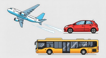 Fototapeta premium A plane, car and bus represent different modes of transportation on a white background.