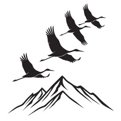 Cranes flying over mountains silhouette