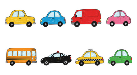 Hand drawn car vehicle vector illustration set with colorful transport