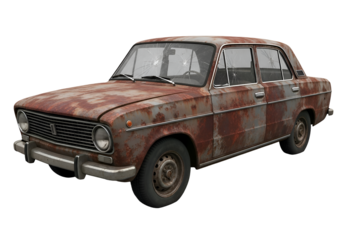 Heavily Rusted Old Sedan with Cracked Glass