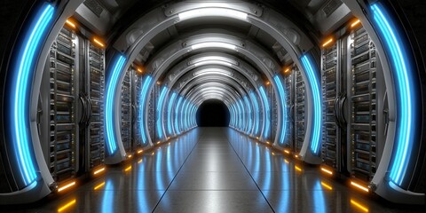 Futuristic server tunnel with glowing neon lights and digital data servers.