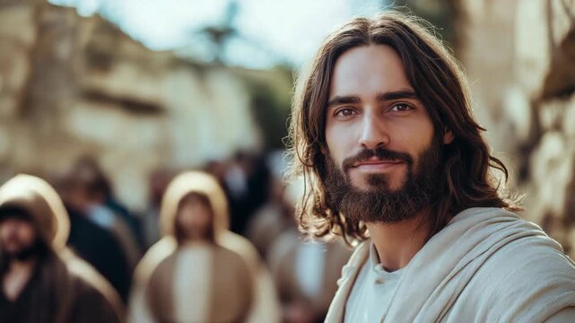 Jesus Christ smiling at ancient Israel town with people on  bustling street