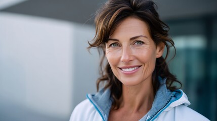 Fototapeta premium Smiling Woman in Active Wear: Portrait of a Mature Woman Embodying Health, Fitness, and a Positive Outlook