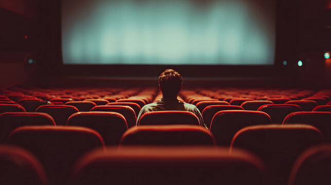 A lone person sits in an empty movie theater, gazing at the large, bright screen, surrounded by rows of plush red seats, evoking a sense of solitude and focused anticipation.