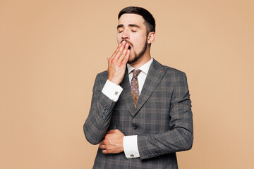 Young sad employee business man corporate lawyer he wear classic formal grey suit shirt tie work in...