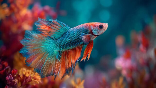 beautiful elegance colorful male Siamese Fighting Fish or Betta fish swimming in beautiful scenery aquarium decorated with aquatic plants