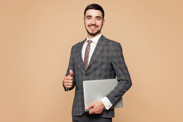 Young employee IT business man corporate lawyer wear classic formal grey suit shirt tie glasses...
