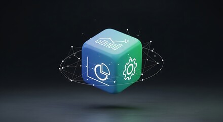 3d rendering of a cube with data analytics icons and network connections