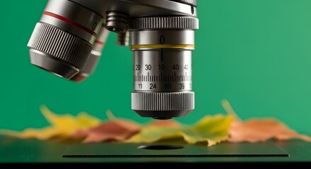 Microscope with Colorful Autumn Leaves Against Green Background