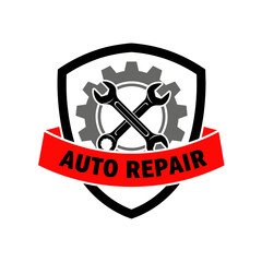 Professional and Reliable Auto Repair Logo Design Illustration with Crossed Wrenches, a Gear, a Shield, and a Red Banner