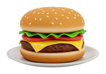 ハンバーガーセサミバンズトマトレタスチーズパティ白皿透明背景