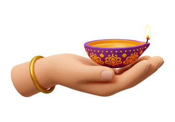 Animated Hand Holding Decorated Oil Lamp with Flickering Flame on Transparent Background