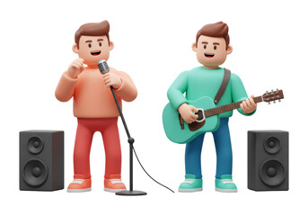 Two Cartoon Men Performing Music On Stage With Speaker And Microphone Isolated