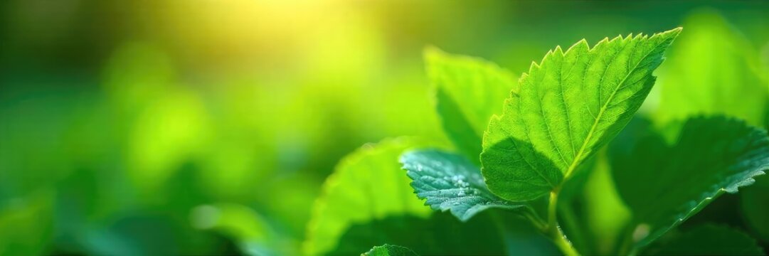 Close-up of vibrant, dewy-fresh green leaves, sunlight illuminating their texture; a tranquil scene conveying calmness and revitalization , vibrant, ecology, foliage