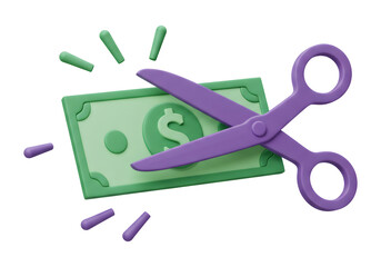 緑色の紙幣を紫色のはさみでカットする3Dイラスト 背景分離 予算削減イメージ