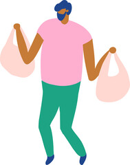 Flat isometric illustration of man carrying shopping bags. Modern male character, consumer lifestyle, retail, everyday shopping and casual activity concept.