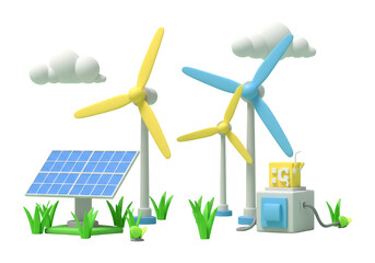 3D Rendering Of Wind Turbines With Solar Panel And Green Grass On Transparent Background
