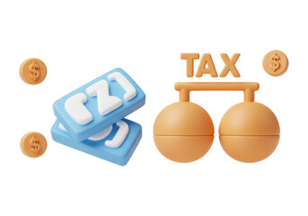 3D Tax Text and Orange Spheres with Blue Currency Notes and Gold Coins Against Black