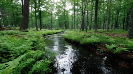 Obraz premium Tranquil Forest Stream Flowing Through Dense Greenery, Tall Trees and Ferns Creating a Serene Natural Scene