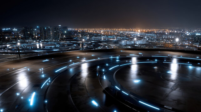 A striking night view featuring illuminated circular paths that enhance the urban landscape, symbolizing movement and vibrancy in a bustling city atmosphere.