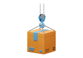 オレンジ色のボックスを吊り下げている青いクレーン 輸送および物流の概念 透明背景