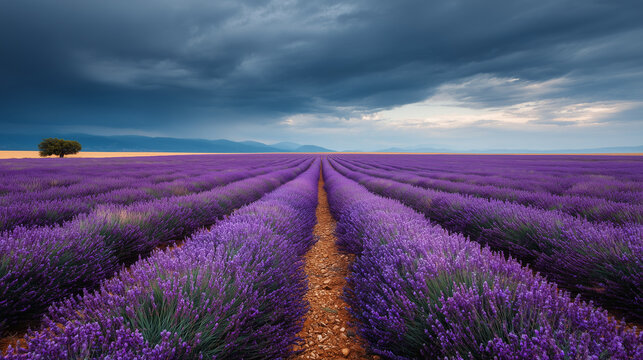 A vast lavender field stretches to the horizon under a dramatic cloudy sky, with rows of vibrant purple blossoms leading the eye toward distant mountains and a lone tree standing in the golden fields  - Powered by Adobe