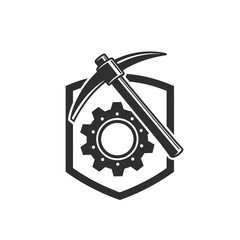 A strong logo featuring a pickaxe, gear, and shield.