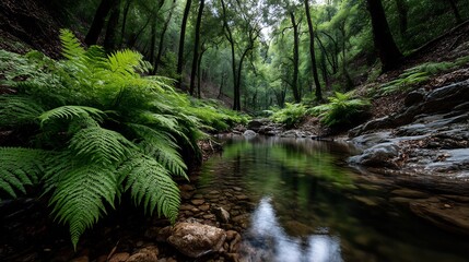 Tranquil Stream Flowing Through a Lush Forest with Ferns: Nature Scene for Backgrounds and Travel Photography