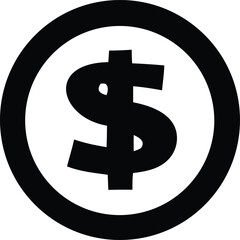 Bold black dollar sign icon within a circle representing finance business and currency symbol for transactions