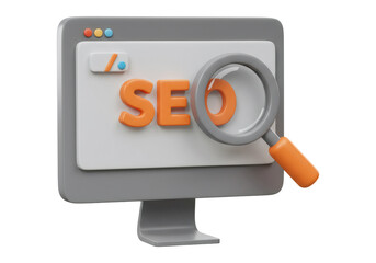 3D Rendered Display Screen with SEO Text and Magnifying Glass in Orange and Gray