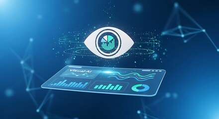 Digital eye with data analytics on a tablet, representing ai vision and data processing