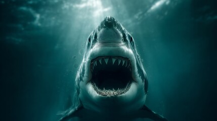 Undersea Predator: A Shark with Open Jaws Emerges From the Depths of the Ocean in a Threatening Display