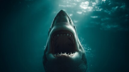 Underwater Predator: Menacing Shark Emerges from the Depths, Mouth Ajar, Teeth Gleaming in the Faint Light Filtering Through the Water