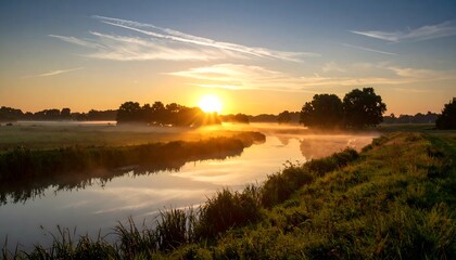 Sunrise over misty river, tranquil landscape