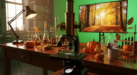 Microscope on Wooden Table with Fall Foliage and Pumpkins