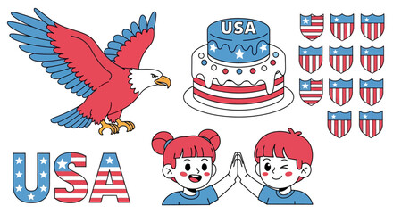 Fototapeta premium Festive USA celebration elements including an eagle, cake, and children high-fiving