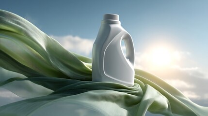 White Plastic Bottle on Green Fabric with Blue Sky and Clouds Background, Symbolizing Cleanliness and Sustainability