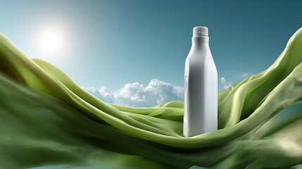 White Bottle on Green Fabric Against Sky: A Clean Product Presentation with Natural Elements and Bright Sunlight