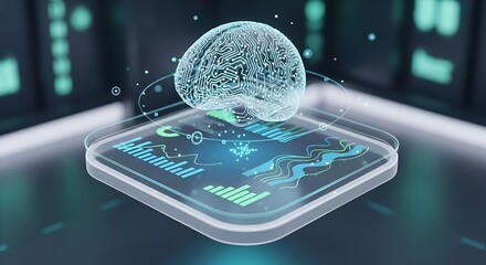 Digital brain with glowing circuits on a futuristic interface displaying data